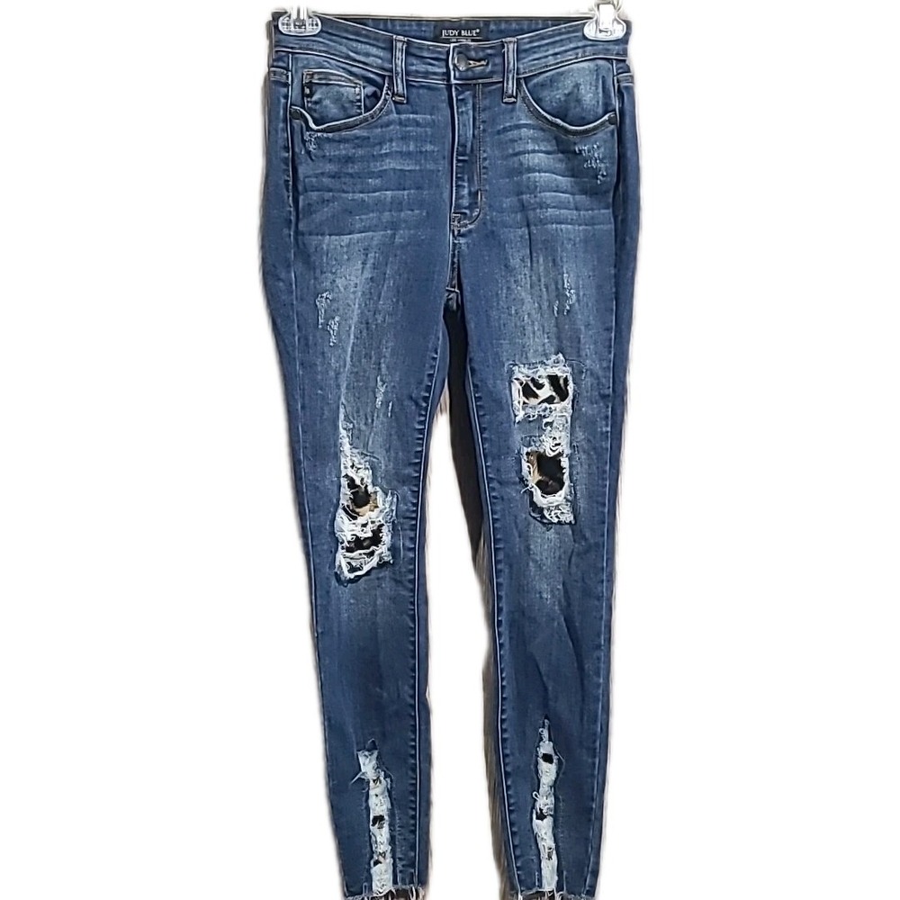 Judy Blue Leopard Patch Skinny Jeans Sz 3/26 x 27 Mid Rise Distressed Ripped